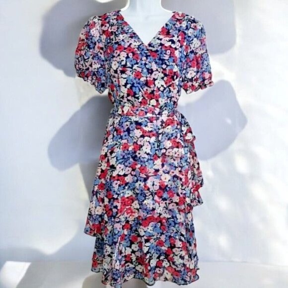 Tahari Womens Navy Vneck Short Sleeve Tiered Multicolor Surplice Dress NEW 2 - Picture 7 of 13